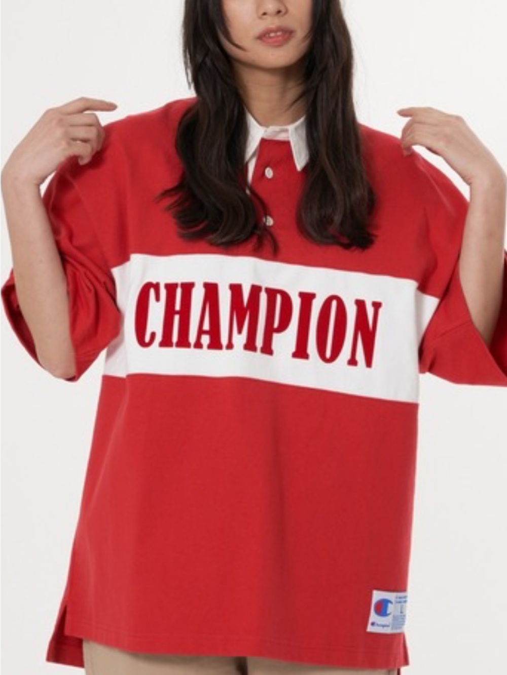 Champion Red and White Oversized Japan Rugby Polo